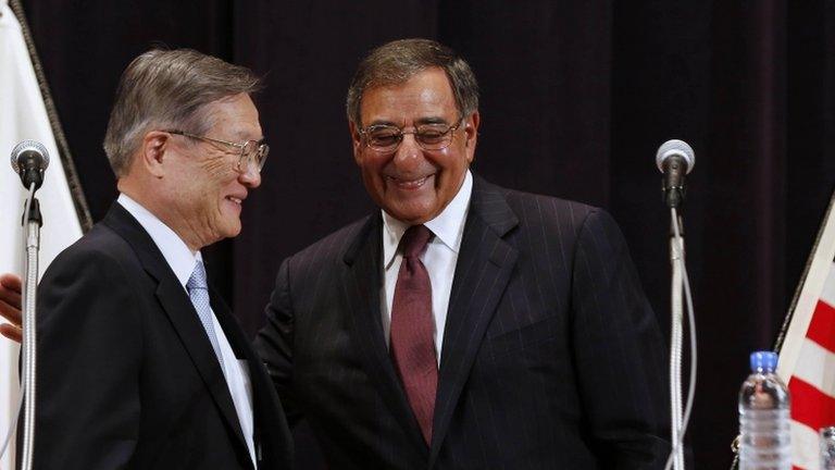 US Secretary of Defense Leon Panetta (R) and Japan Minister of Defense Satoshi Morimoto 17 September 2012