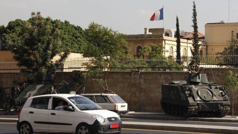 Lebanese tanks guard the French ambassador's residence in Beirut, 19 September