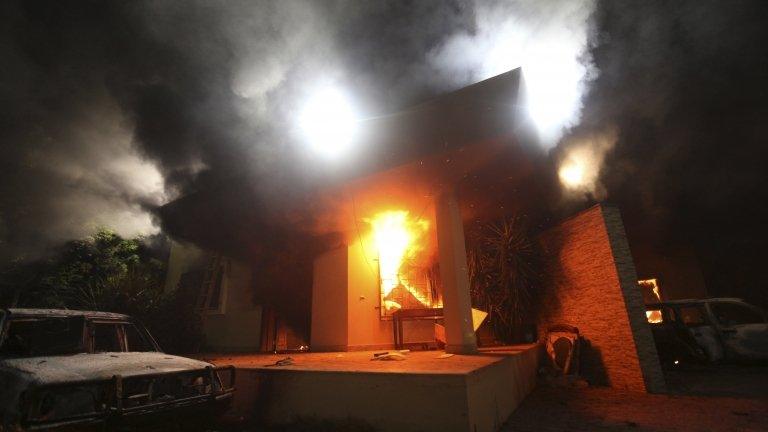 The US consulate in flames in Benghazi, Libya 11 September 2012