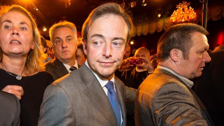 Bart De Wever arrives at the NV-A election party after they won the city elections in Antwerp Oct. 14, 2012.