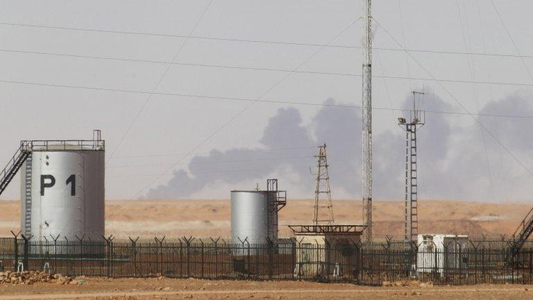 Smoke rises following demining operations at the Tiguentourine Gas Plant, located about 50 km (30 miles) from the town of In Amenas, Algeria on Sunday