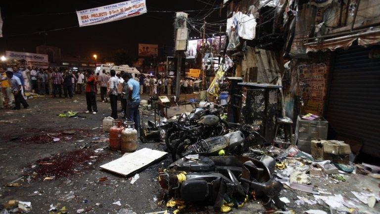 The site of a bomb blast in Hyderabad, India, 21 February 2013