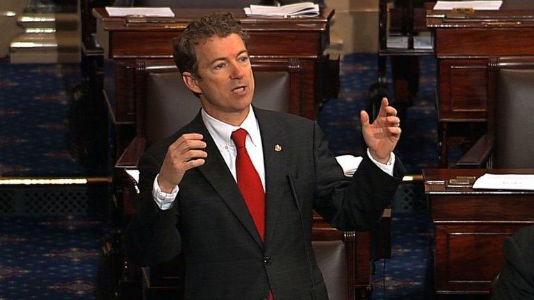 Senator Rand Paul speaking on the floor of the Senate on Capitol Hill in Washington, 6 March 2013