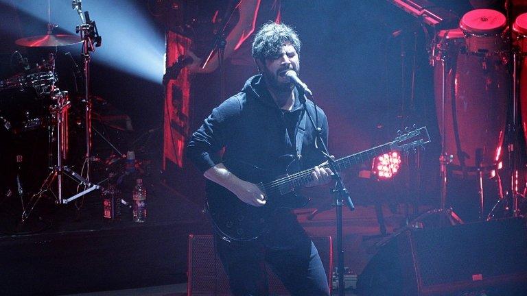 Yannis Philippakis of Foals on stage during the 2013 NME Awards, at the Troxy, London