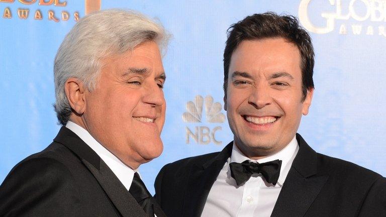 Jay Leno (left) and Jimmy Fallon at the Golden Globe awards Los Angeles, California 13 January 2013