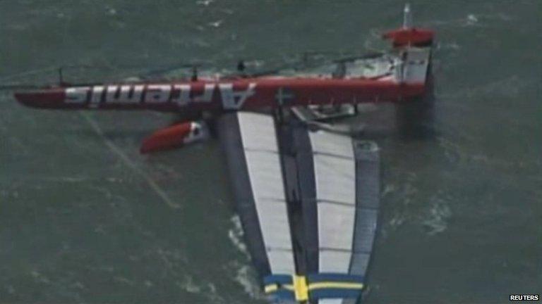 The yacht Artemis is pictured capsized off the California coast