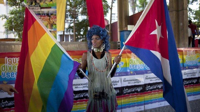 A transvestite holds a gay rights banner and a Cuban national flag at a march against homophobia in Havana on 11 May 2013