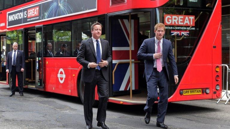 Prince Harry and David Cameron arrive at Milk Studios aboard a double-decker bus in New York