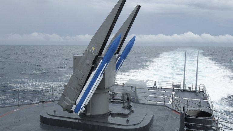 Surface-to-air missiles on the rear of a Taiwan destroyer off the coast of Taiwan 16 May 2013