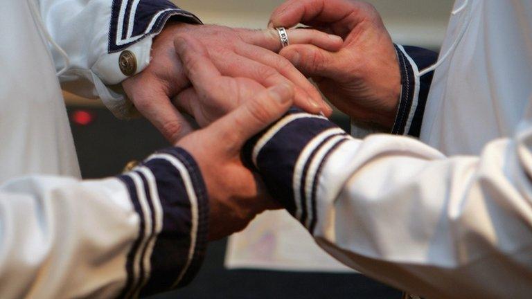 Gay couple exchanging rings