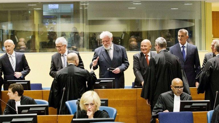 From left to right standing: Jadranko Prlic, Bruno Stojic, Slobodan Praljak, Milivoj Petkovic, Valentin Coric and Berislav Pusic at The Hague court. Photo: 29 May 2013