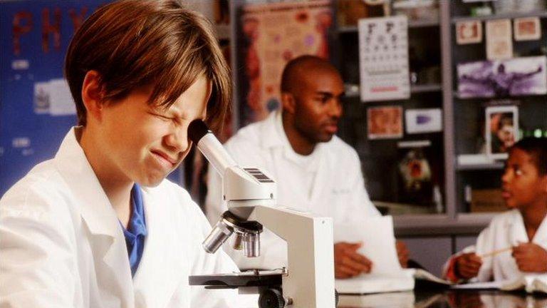 Pupil looking into a microscope