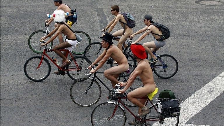 Naked and semi-naked cyclists in Mexico City. 8 June 2013