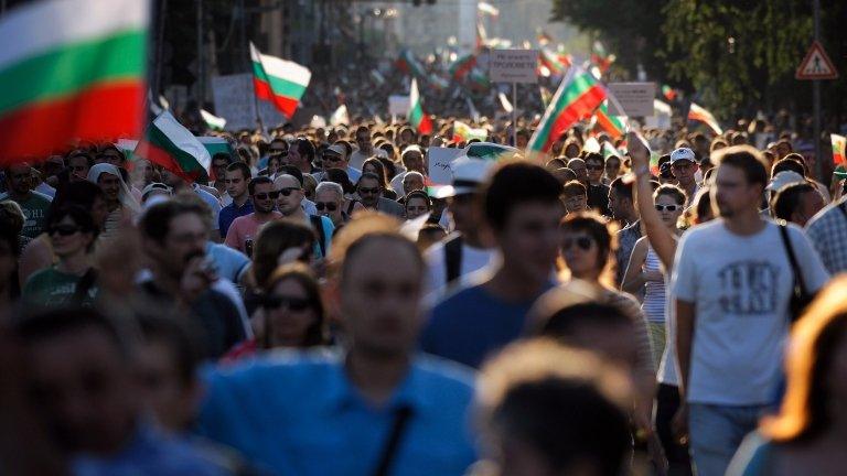 Demonstrators take part in an anti-government protest on June 18, 2013 in downtown Sofia