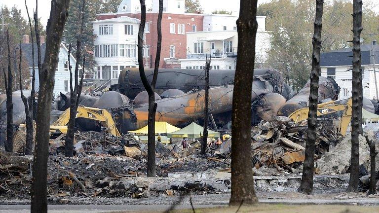 Wreckage of oil tankers in Lac-Megantic, Quebec. 16 July 2013