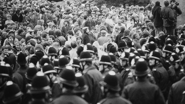 Police and miners at a demonstration at Orgreave Colliery, South Yorkshire, 1984