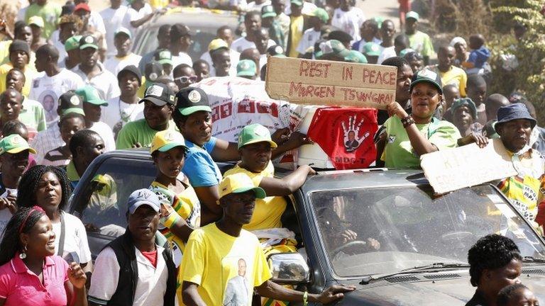 Supporters of ZANU-PF party celebrate with a coffin wrapped in a Movement for Democratic Change (MDC) flag in Mbare township, outside Harare