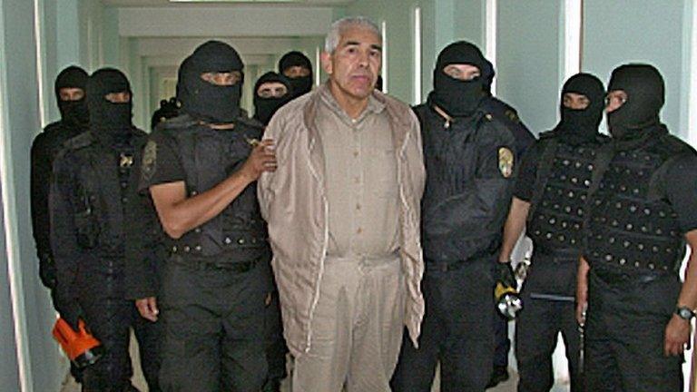 File picture of former top Mexican drugs cartel boss Rafael Caro Quintero under armed guard at the Puente Grand" prison in Guadalajara in 2005