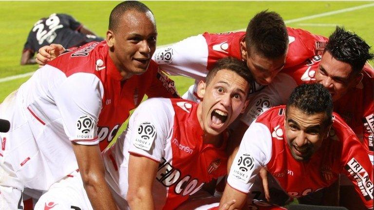 Monaco players celebrate a goal against Bordeaux in their opening Ligue 1 match of the season