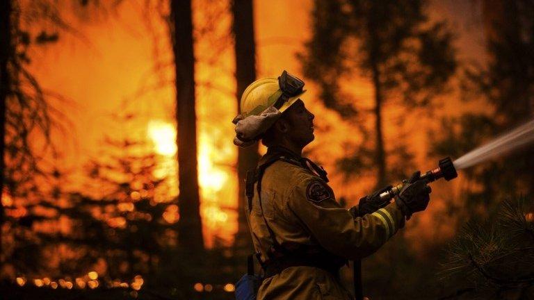 A firefighter battles California's Rim Fire near Yosemite National Park on 26 August 2013