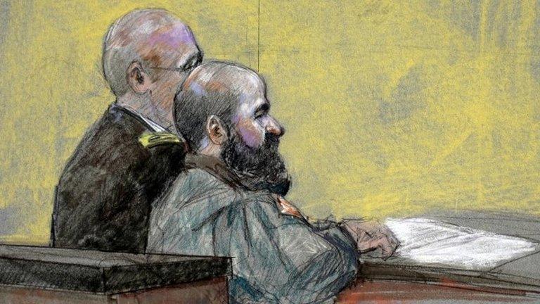 A court sketch of Maj Nidal Hasan at the sentencing hearing of his trial in Fort Hood, Texas 27 August 2013