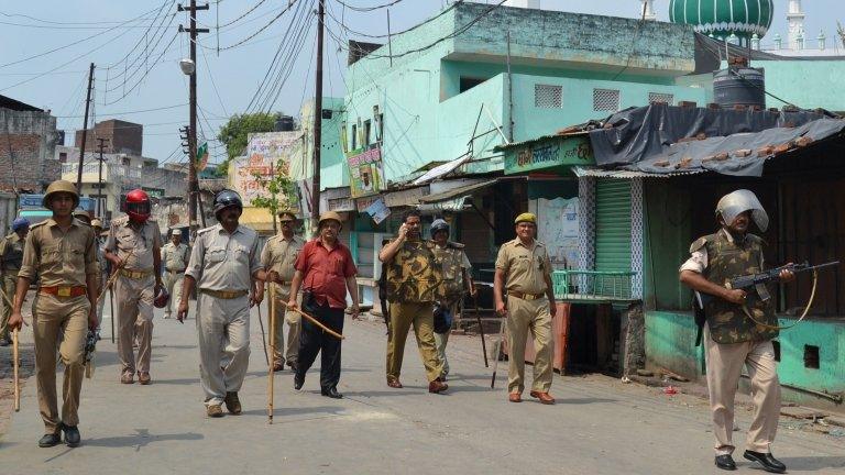 Members of the Indian Army during a curfew in Muzaffarnagar on September 10, 2013.