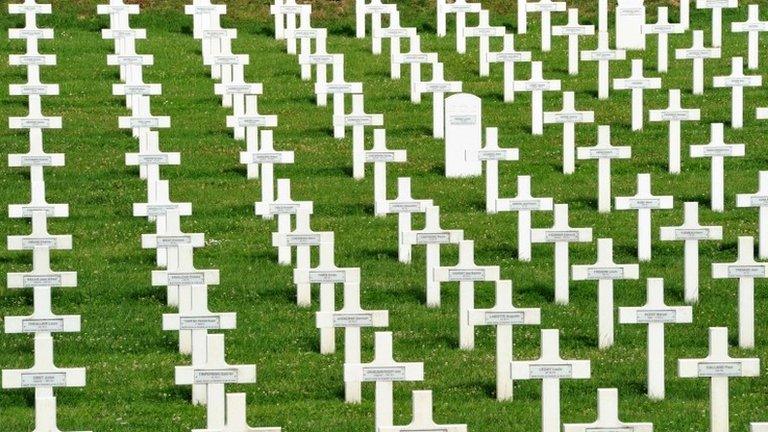 Tombs at the World War I French military cemetery of Serre-Hebuterne in northern France