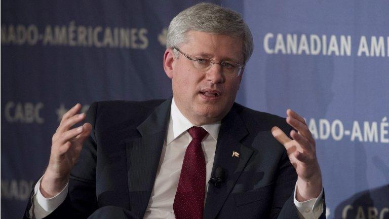 Canadian Prime Minister Stephen Harper takes part in a discussion with the Canadian American Business council in New York 26 September 2013