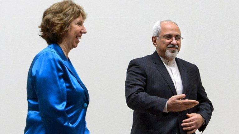 EU High Representative for Foreign Affairs Catherine Ashton and Iranian Foreign Minister Mohammad Javad Zarif, at the start of the two days of closed-door nuclear talks, 15 October