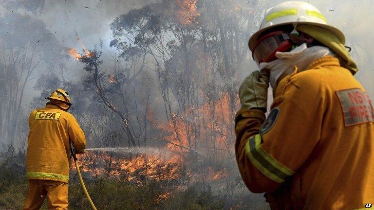 Firefighters work on putting in containment lines to help control a wildfire near the township of Bell, Australia, 21 Oct 2013