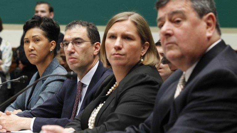 Cheryl Campbell, Senior Vice President of CGI Federal; Andrew Slavitt, Executive Vice President for Optum/QSSI; Lynn Spellecy, corporate counsel for Equifax Workforce Solutions and John Lau, program director for Serco are pictured at a House Energy and Commerce Committee hearing on the Patient Protection and Affordable Care Act in Washington, DC on 24 October 2013