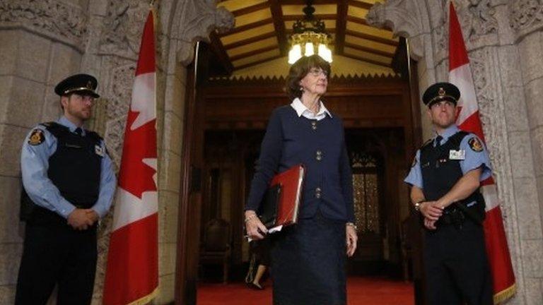 Conservative Senator Marjory LeBreton walked out of the Senate on Parliament Hill in Ottawa on 24 October 2013