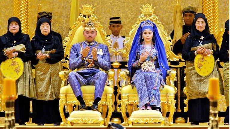 Brunei's Crown Prince Al-Muhtadee Billah Bolkiah and Princess Sarah Salleh during their wedding ceremony in 2004.