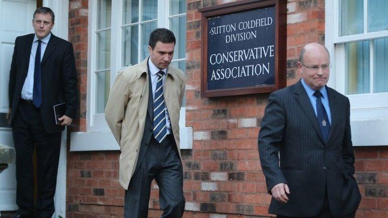 Chris Jones, Stuart Hinton and Ken MacKaill (L-R) leaving the constituency office of Andrew Mitchell