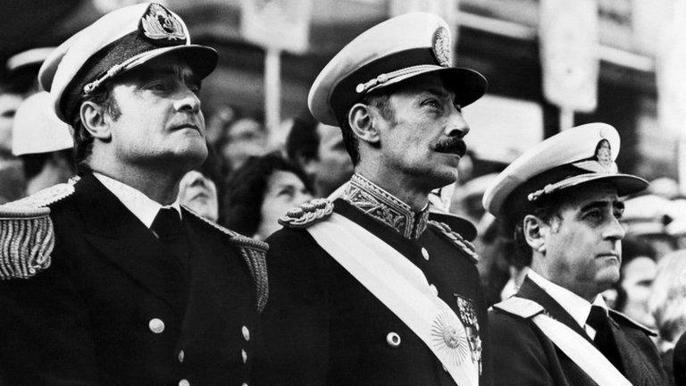 Argentine junta, 1977: Gen Agosti, Gen Videla, Adm Massera