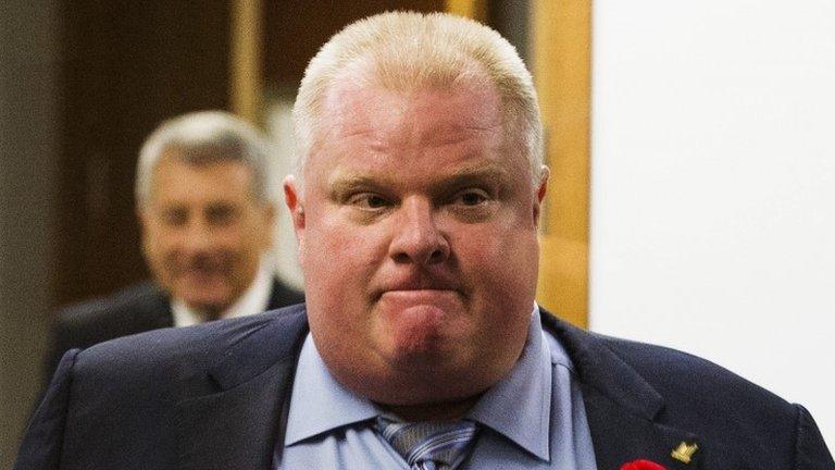 Toronto Mayor Rob Ford reacts to a video released of him by local media at City Hall in Toronto 7 November 2013