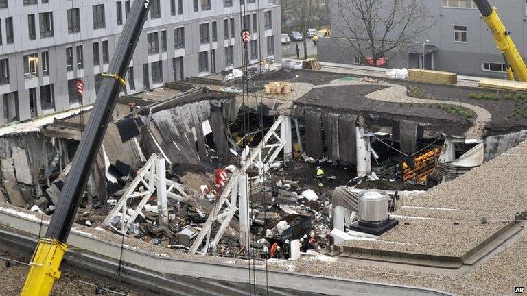 A view of collapsed Maxima supermarket in Riga, Latvia, Friday, Nov. 22, 2013