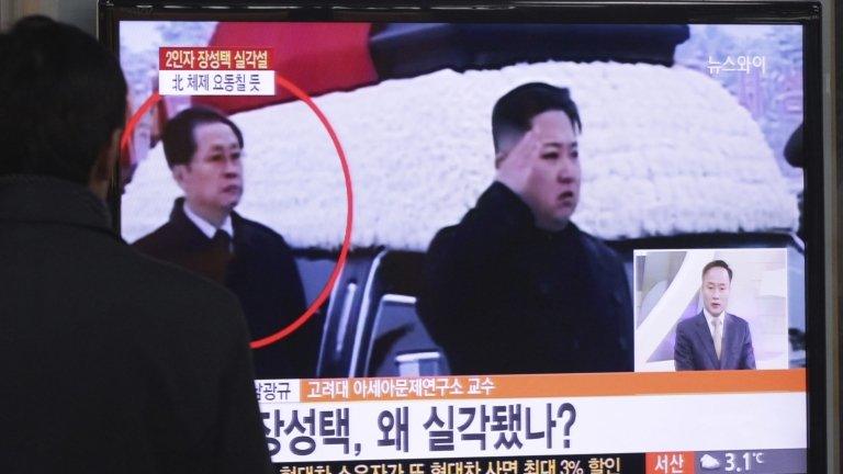 A man watches a TV news programme showing North Korean leader Kim Jong-un (R) and Chang Song-taek at Seoul Railway Station in Seoul, South Korea, on 3 December 2013