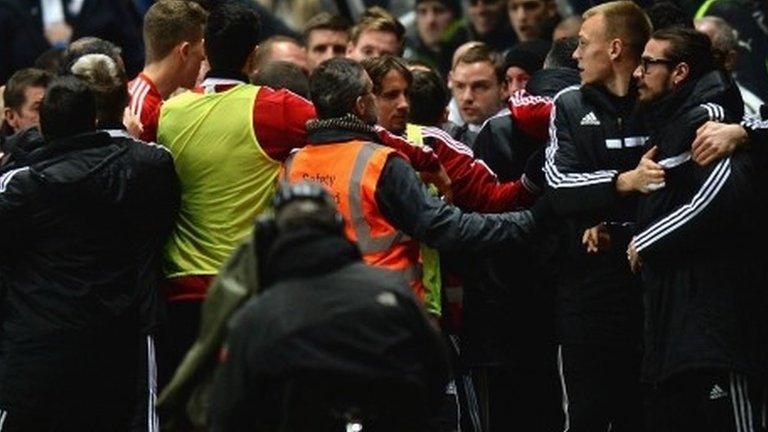 A scuffle breaks out in the dugouts during the Premier League match between Newcastle United and Southampton