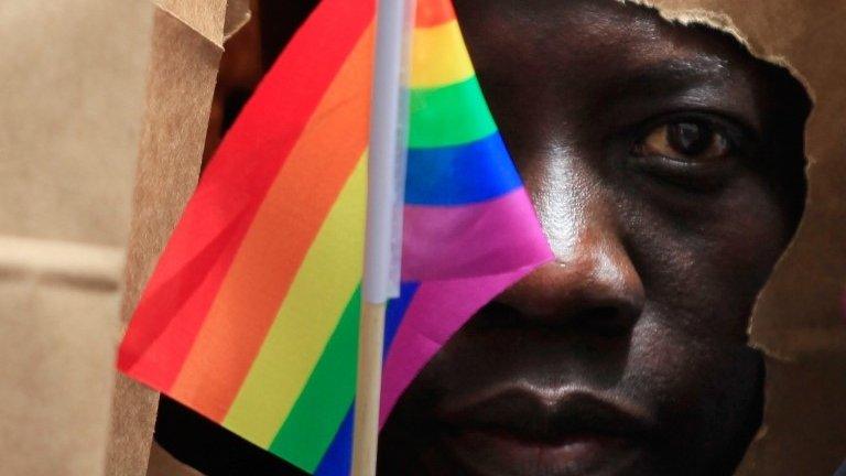 An asylum seeker from Uganda covers his face with a paper bag in order to protect his identity as he marches with the LGBT Asylum Support Task Force during the Gay Pride Parade in Boston, Massachusetts June 8, 2013.