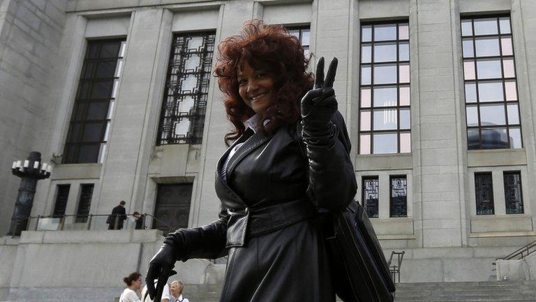 Terri-Jean Bedford gestures while leaving the Supreme Court of Canada following a hearing on the country's prostitution laws, in Ottawa on 13 June 2013