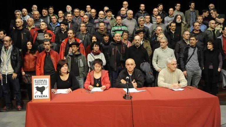 Some 70 former Eta prisoners gather for a news conference in the Spanish Basque town of Durango