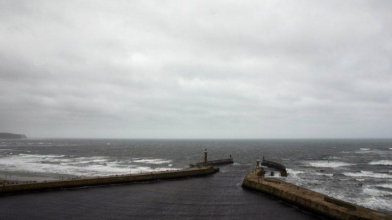 The entrance to Whitby harbour