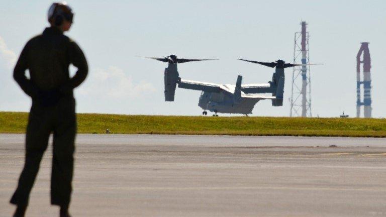 File photo: one of two MV22 Osprey tilt-rotor transport aircrafts arrives at the Futenma Air Station in Okinawa Prefecture on 3 August 2013