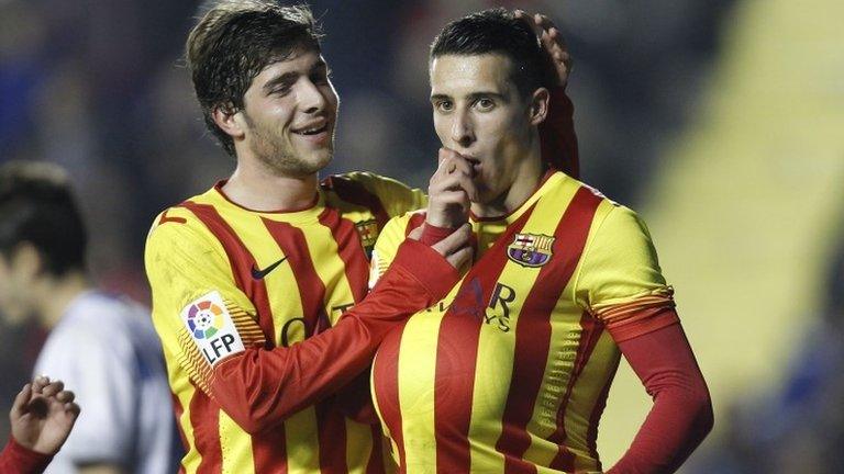 Barcelona's Cristian Tello (right) is congratulated by team-mate Sergi Roberto