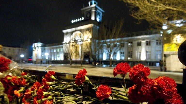 Flowers left outside Volgograd railway station after the bomb attack, 31 December 2013