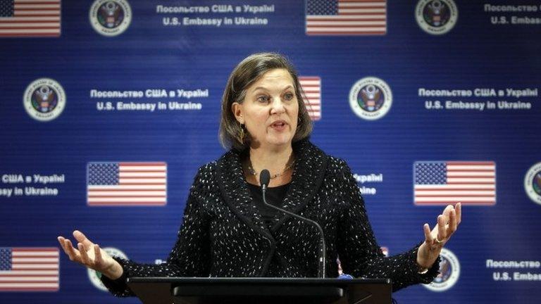 US Assistant Secretary of State Victoria Nuland addresses a news conference at the U.S. embassy in Kiev 7 February 2014