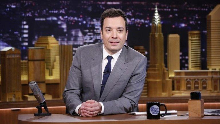 In this photo provided by NBC, Jimmy Fallon appears during his The Tonight Show debut 17 February 2014