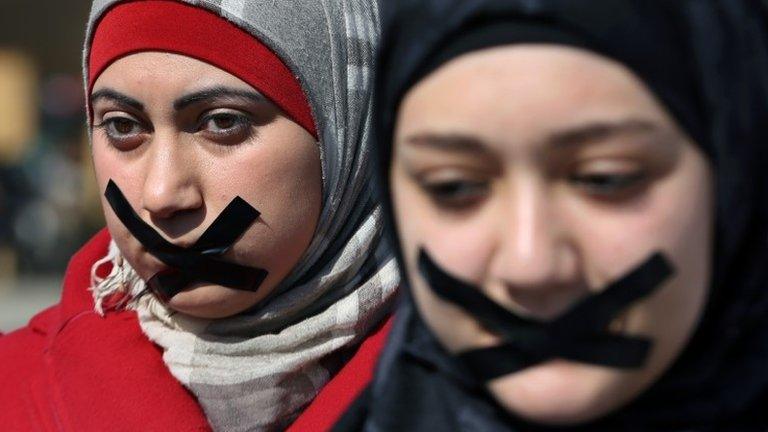 Journalists in Beirut, Lebanon, protest against the trial of Peter Greste and other al-Jazeera staff in Egypt (8 February 2014)