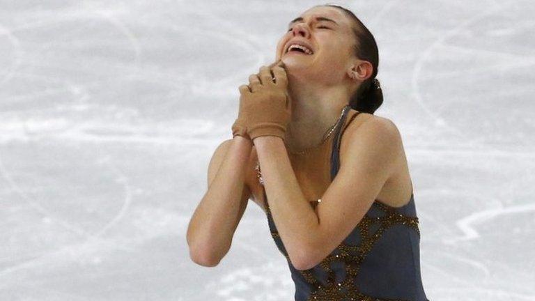 Russia's Adelina Sotnikova reacts at the end of her programme during the women's free skating